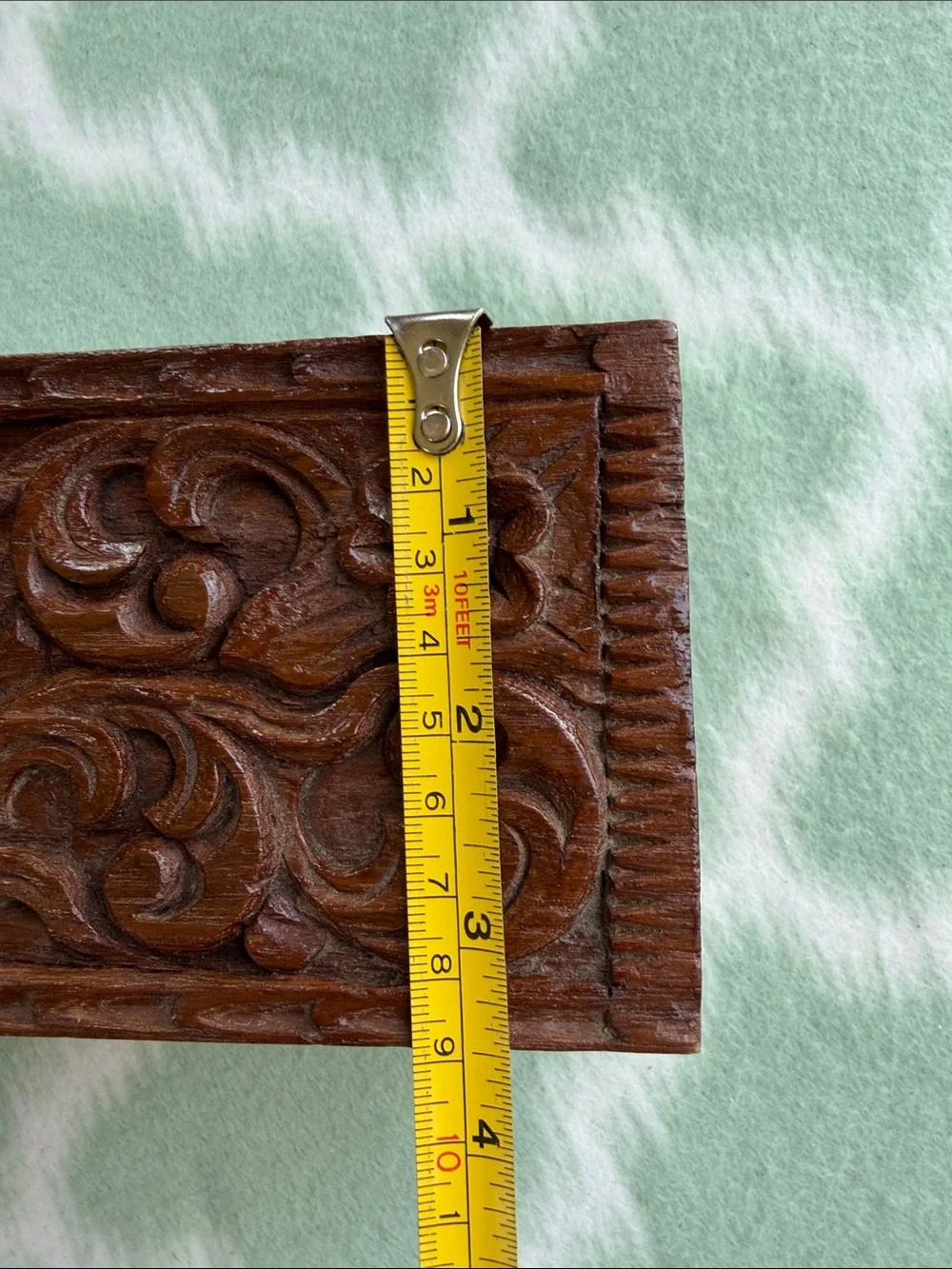 Hand-Carved Vintage Wooden Jewelry Box with Floral and Scrollwork - Brown